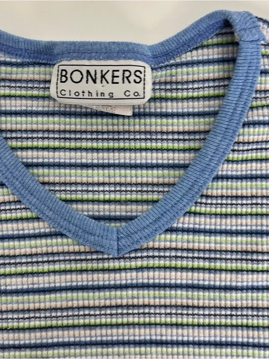 Vintage Y2K Blue and White Striped Crop Top 2000s Ribbed Knit Cropped Baby Tee - Picture 3 of 5